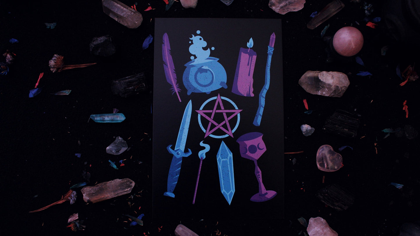 Altar Tools Print - Illustration of purple and blue witch tools including a feather, cauldron, candle, wand, knife, incense, crystal, chalice, and pentagram. Printed on 8.5" x 5.5" card stock. Original design by GRRRL Spells.
