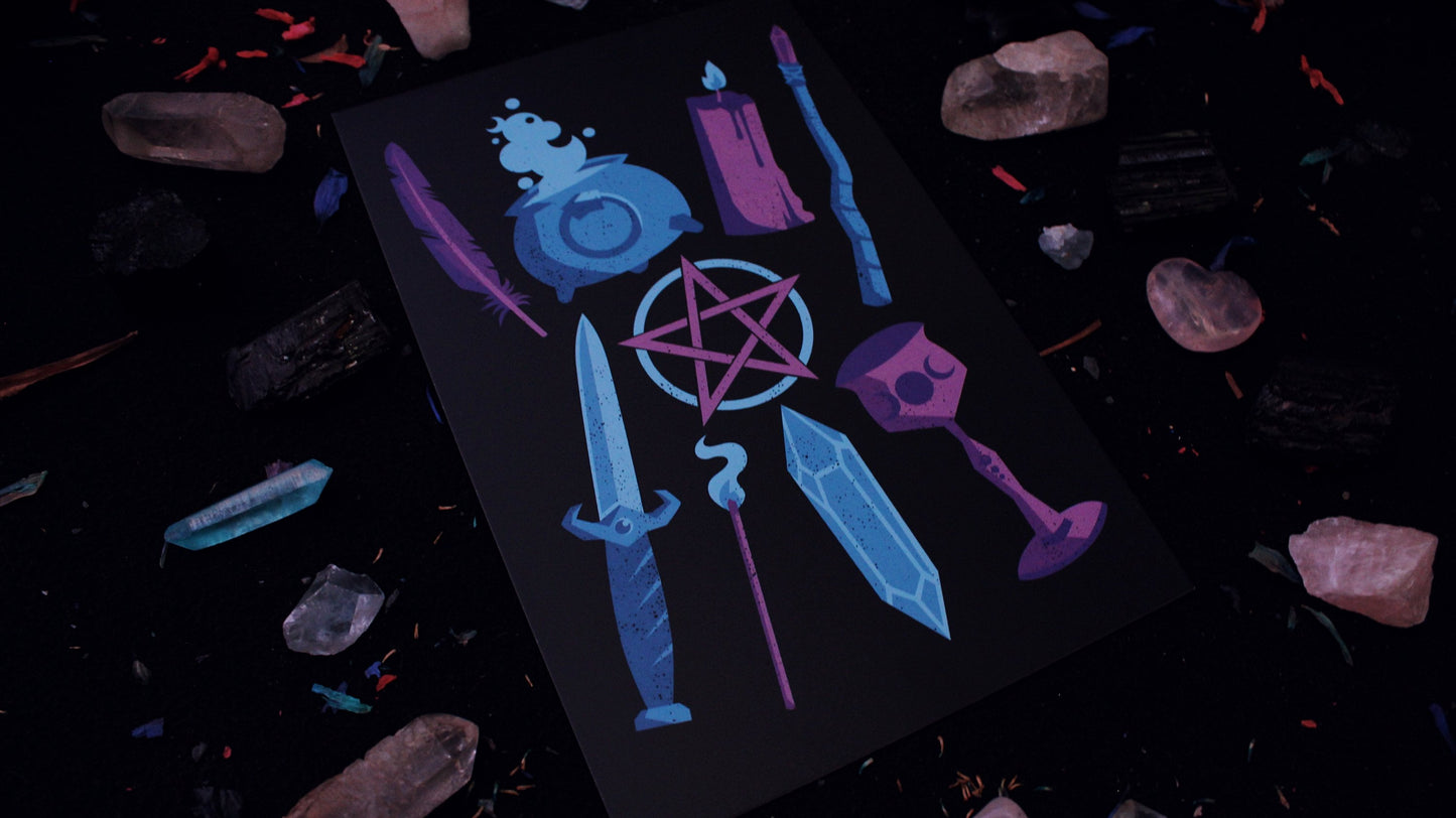 Altar Tools Print - Illustration of purple and blue witch tools including a feather, cauldron, candle, wand, knife, incense, crystal, chalice, and pentagram. Printed on 8.5" x 5.5" card stock. Original design by GRRRL Spells.
