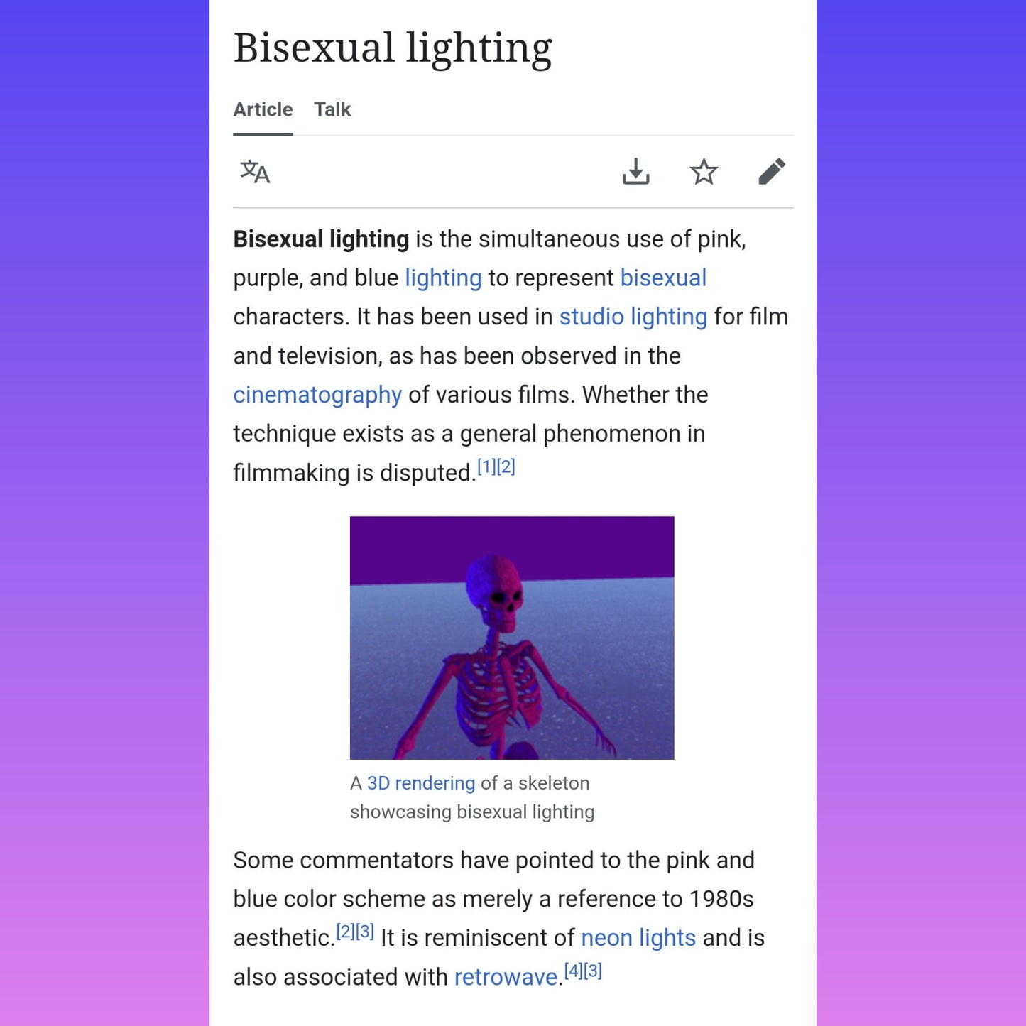 Wikipedia page article of Bisexual Lighting, with an image of a 3D rendering of a skeleton showcasing bisexual lighting.