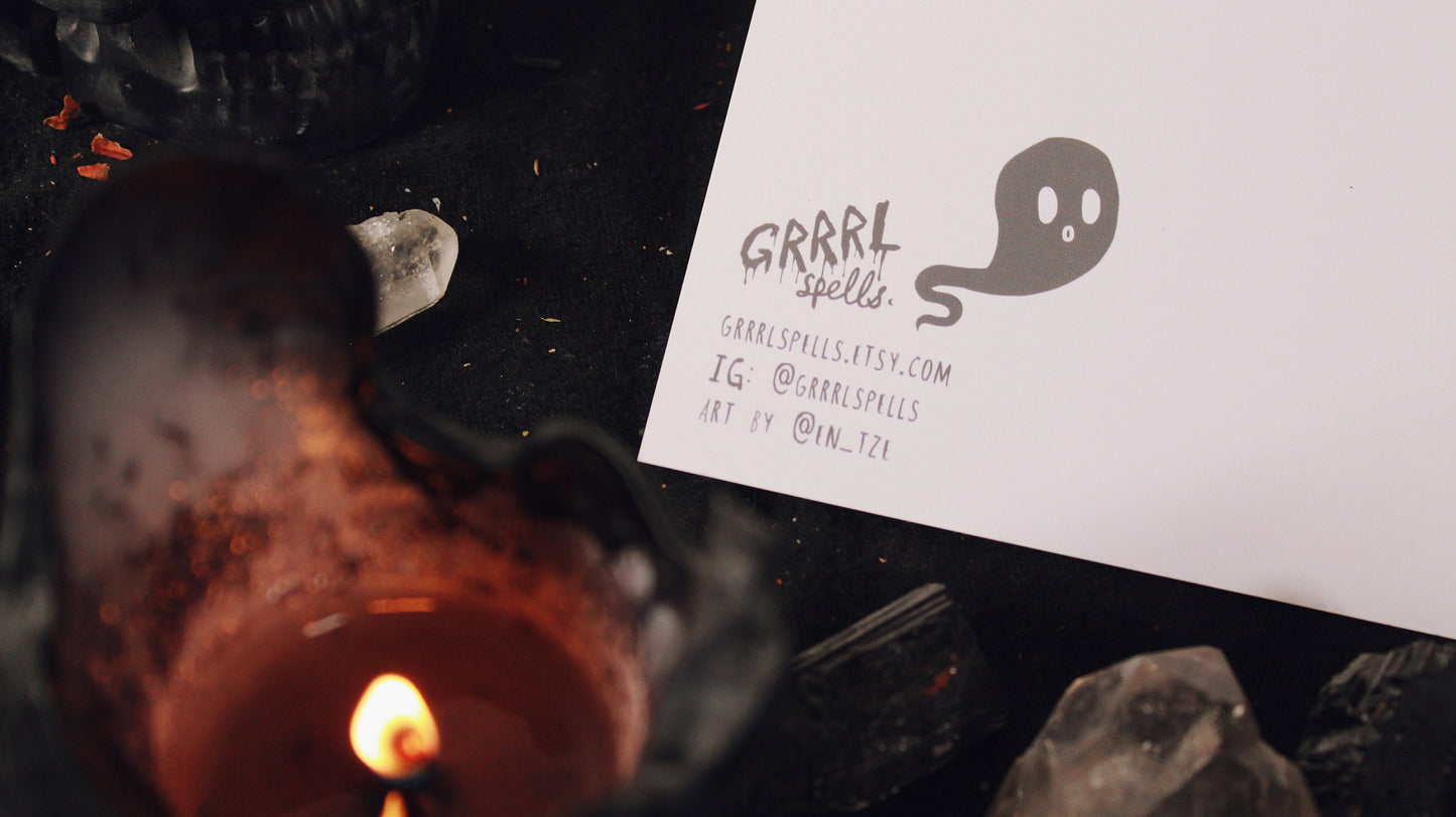 Back of print showing logo, website, and social media for GRRRL Spells.