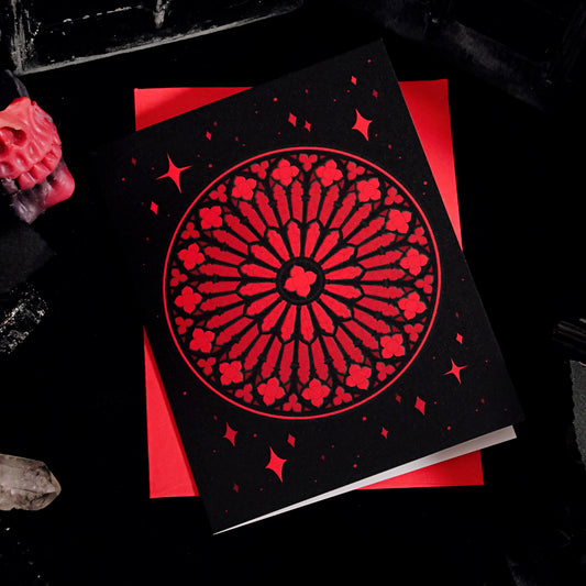 Red Gothic Rose Window Greeting Card