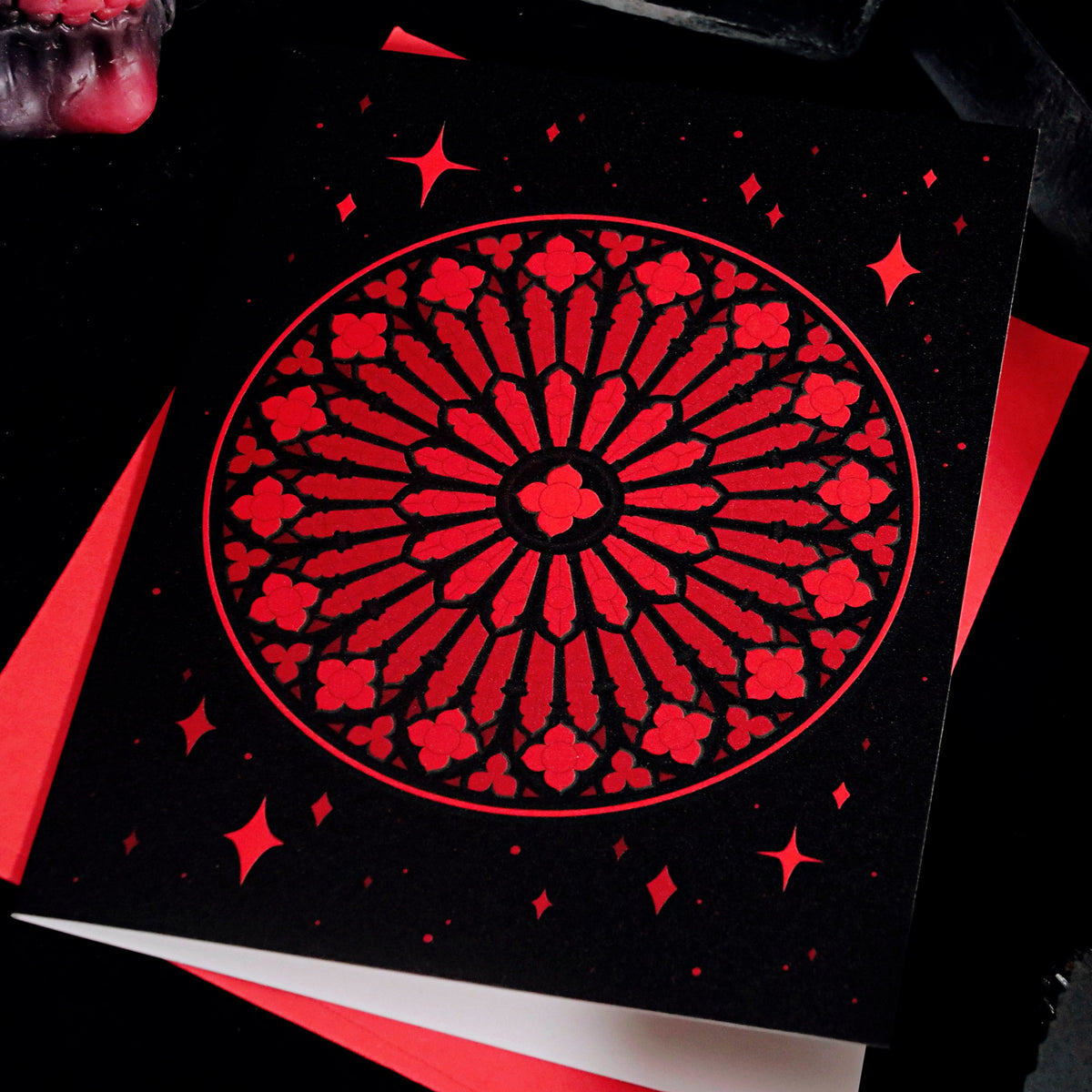 Red Gothic Rose Window Greeting Card