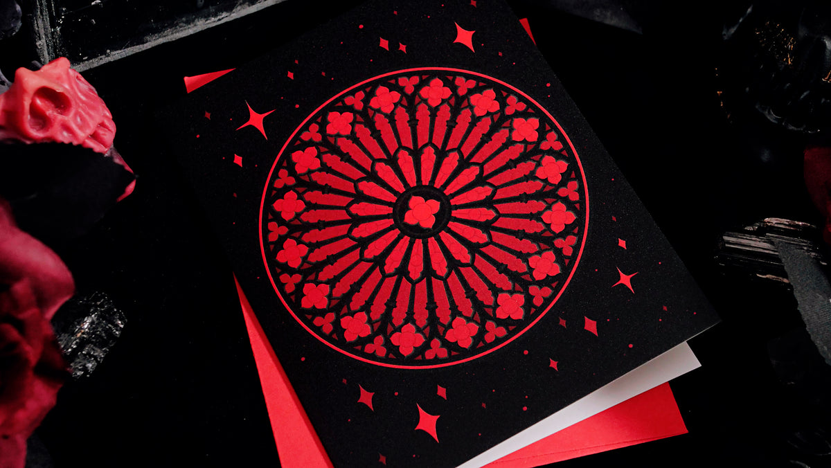 Red Gothic Rose Window Greeting Card