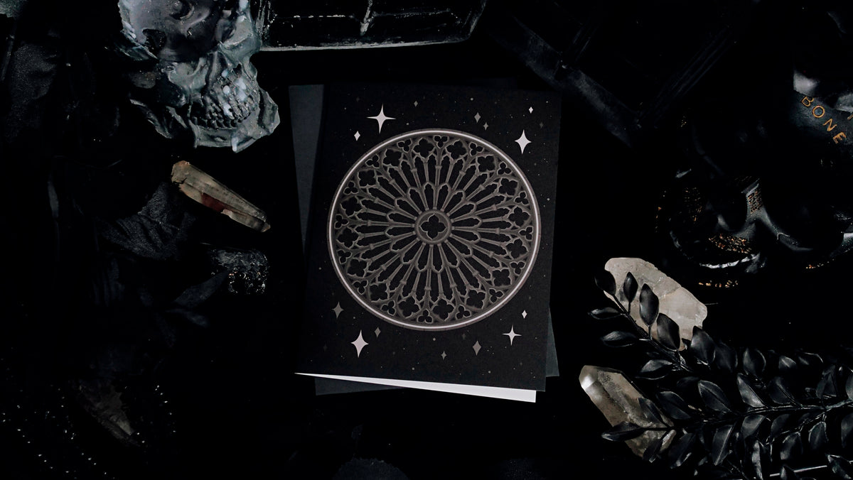 Grey Gothic Rose Window Greeting Card