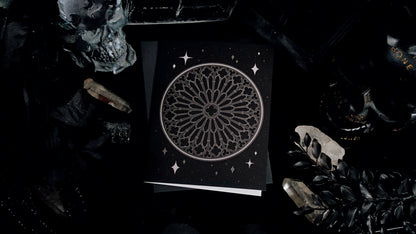Grey Gothic Rose Window Greeting Card