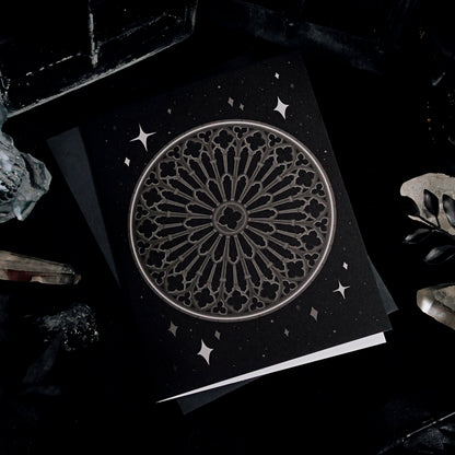 Grey Gothic Rose Window Greeting Card