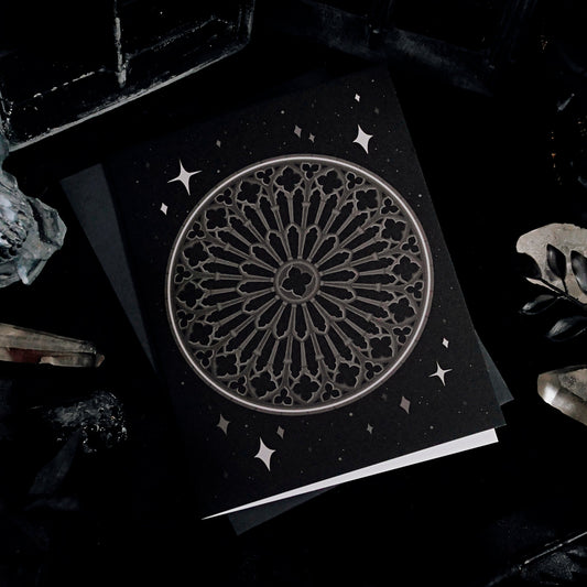 Grey Gothic Rose Window Greeting Card