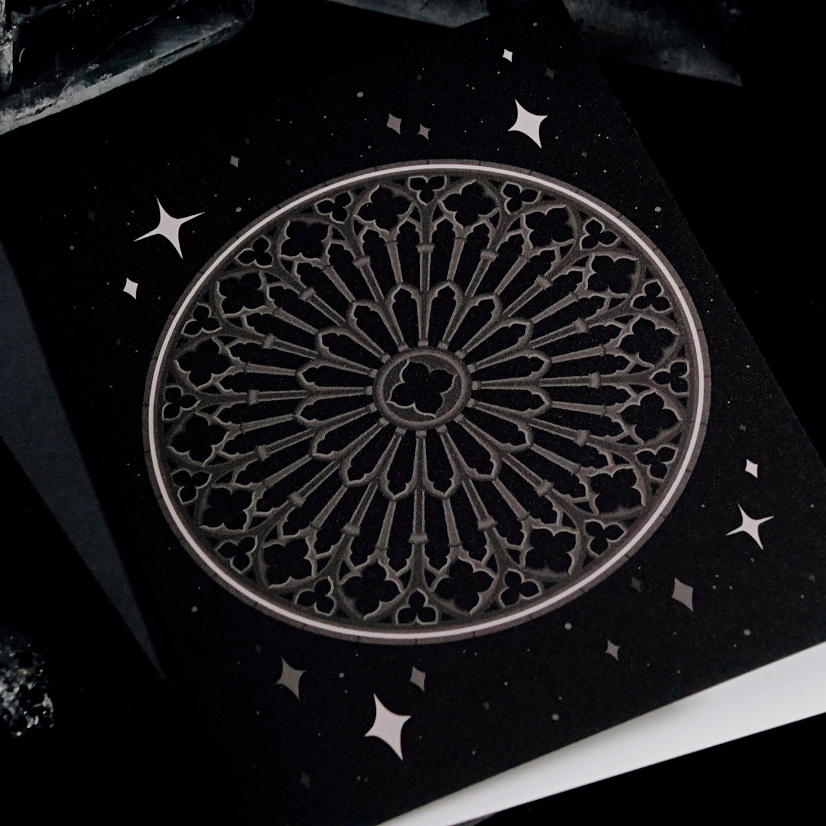 Grey Gothic Rose Window Greeting Card