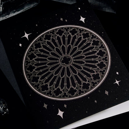 Grey Gothic Rose Window Greeting Card