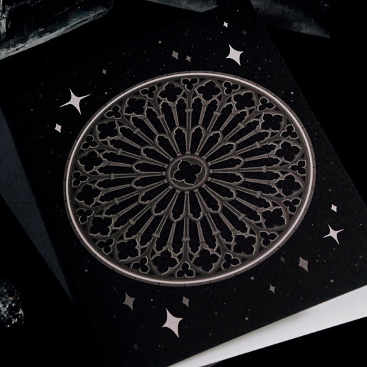 Grey Gothic Rose Window Greeting Card