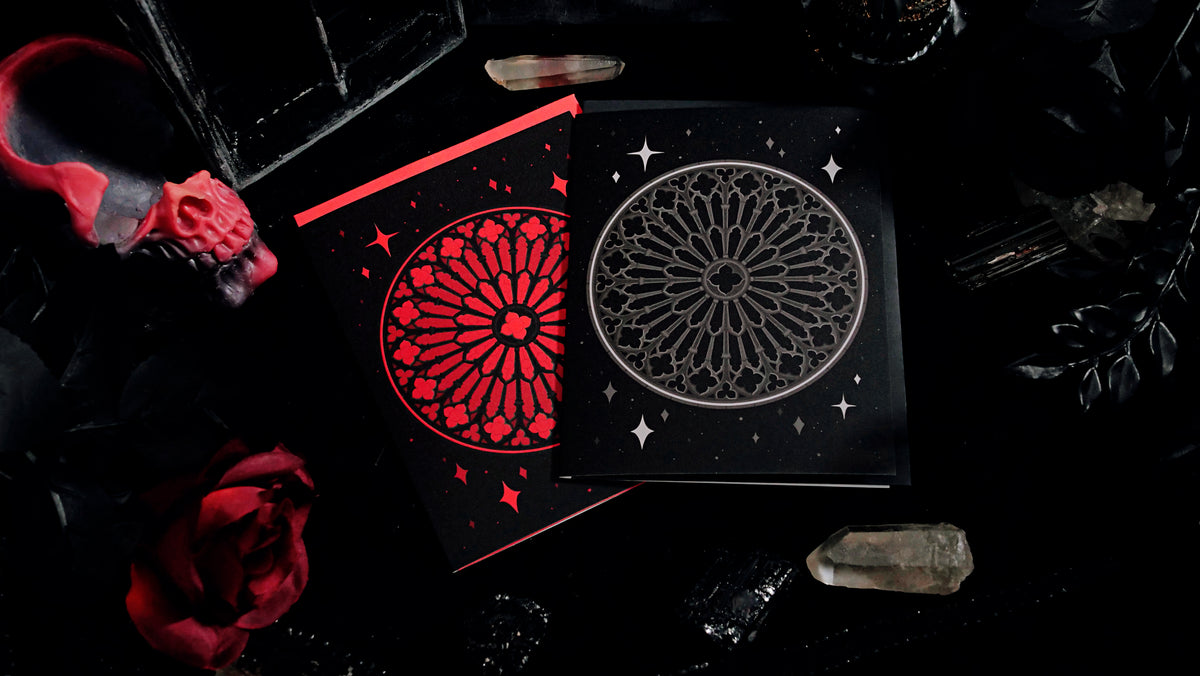 Grey Gothic Rose Window Greeting Card
